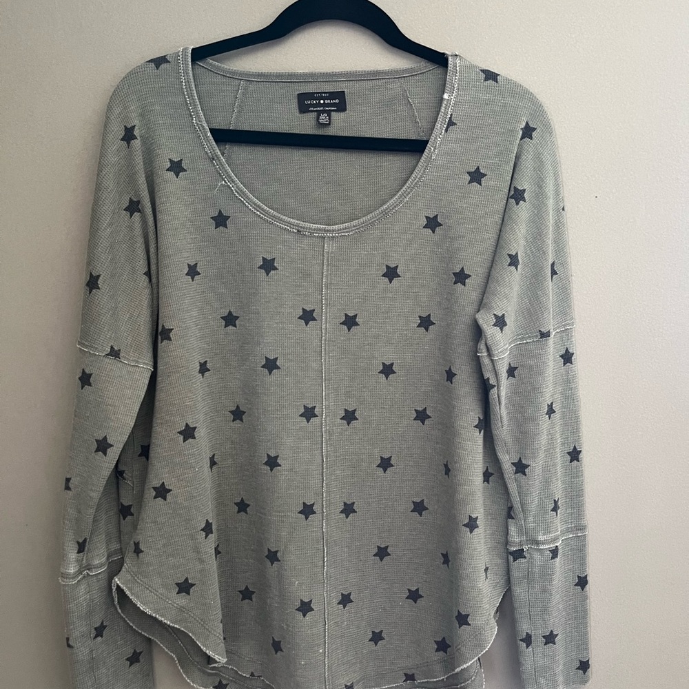 Lucky Brand Muted Green Star-Print Long Sleeve Henley Size Large Cotton Blend